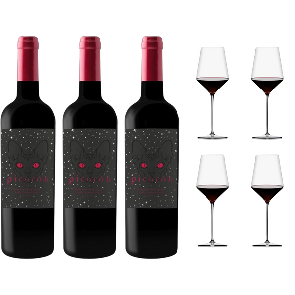 KIT 3 Garrafas de Picarón Vinho Carmenere 750Ml + 4 Taças Falerno